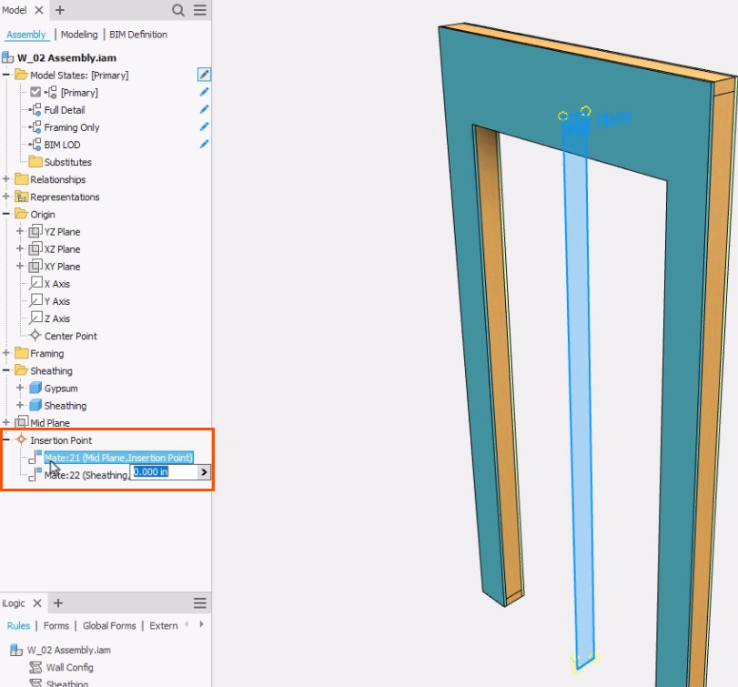 In the BIM Definition browser, Assembly tab, Insertion Point expanded and highlighted in red, with an Insertion point selected, and in the model preview, the insertion point highlighted.