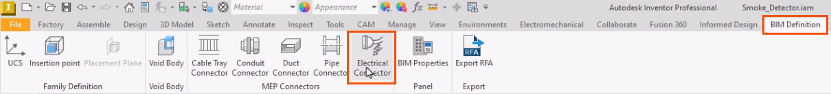 On the Inventor ribbon, the BIM Definition tab active and highlighted in red, with Electrical Connector highlighted in red on the MEP Connectors panel.
