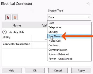 The Electrical Connector dialog box, with the System Type drop-down expanded and Fire Alarm selected.