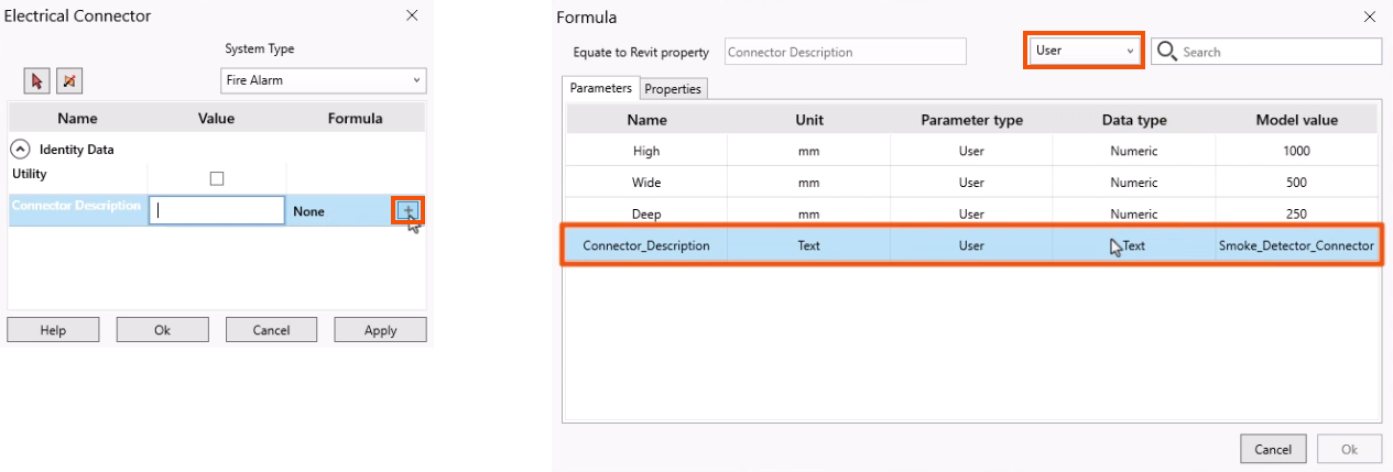 On the left, the Electrical Connector dialog box with the Add button highlighted in red. On the right, in the Formula dialog box, the User parameters displayed and Connector_Description selected, both highlighted in red.