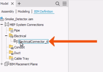 In the BIM Definition browser, the Electrical folder expanded to view the newly created MEP connector.