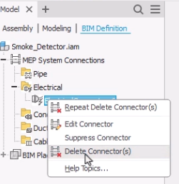 In the BIM Definition browser, the context menu for the connector expanded to show the available options to edit, suppress, or delete the connector.