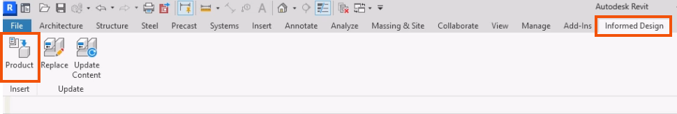 On the Revit ribbon, the Informed Design tab active and highlighted in red, and on the Insert panel, Product highlighted in red.