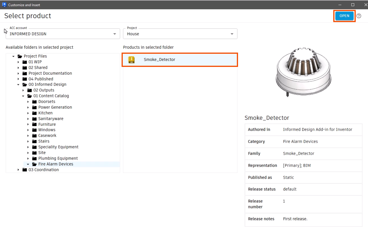 In the Customize and Insert dialog box, the Smoke Detector product selected and highlighted in red, and the Open button highlighted in red.