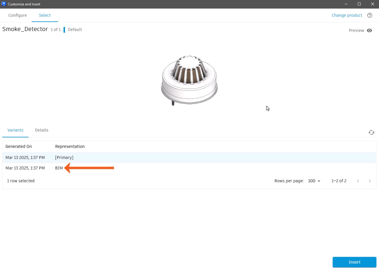 In the Customize and Insert dialog box, the BIM representation called out with a red arrow.