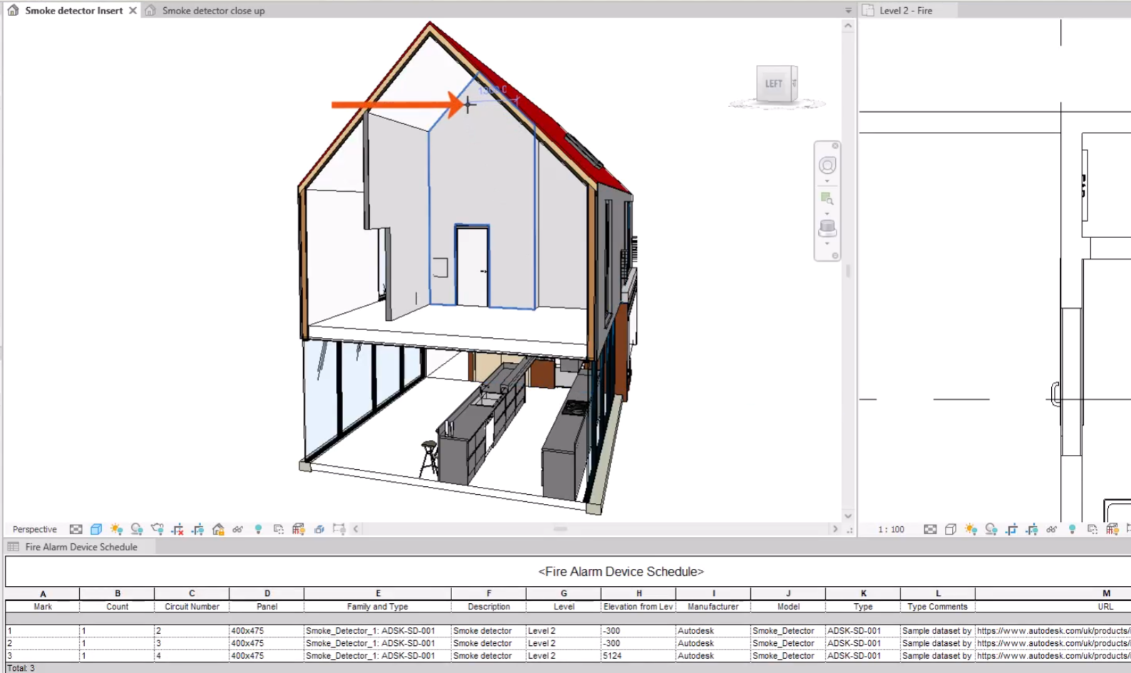 In the house model, the connector being placed on a second floor wall close to the ceiling, and in the File Alarm Device Schedule, three devices listed.