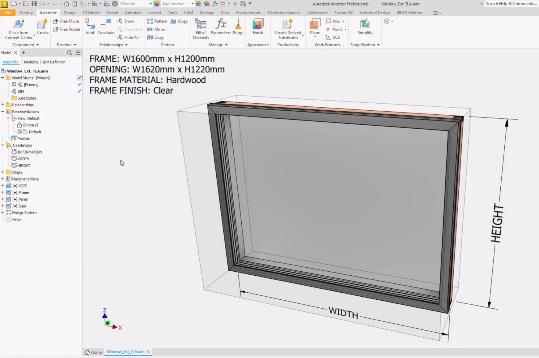 In the Inventor interface, a window component added to represent a void object displayed in the graphics window.