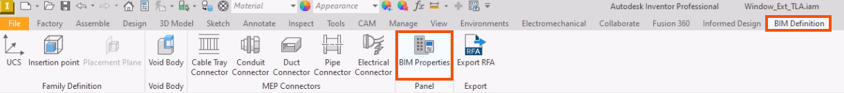 On the Inventor ribbon, the active BIM Definition tab and the BIM Properties tool selected and highlighted in red.