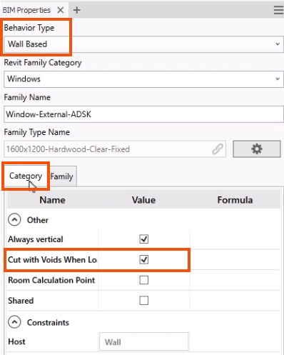 In the BIM Properties panel, the Behavior Type of Wall Based, the Category tab, and Cut with Voids When Loaded selected and highlighted in red.