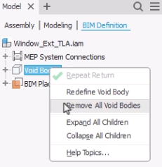 In the BIM Definition browser, the context menu for Void Bodies expanded to show options to redefine or remove void bodies.