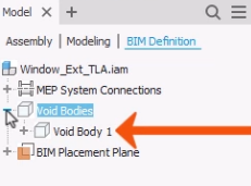 In the BIM Definition browser, the Void Bodies node expanded to show the newly created void body, which is called out with a red arrow.