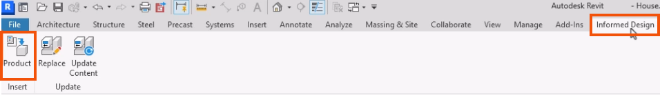On the Revit ribbon, the active Informed Design tab and the Product Insert tool highlighted in red.