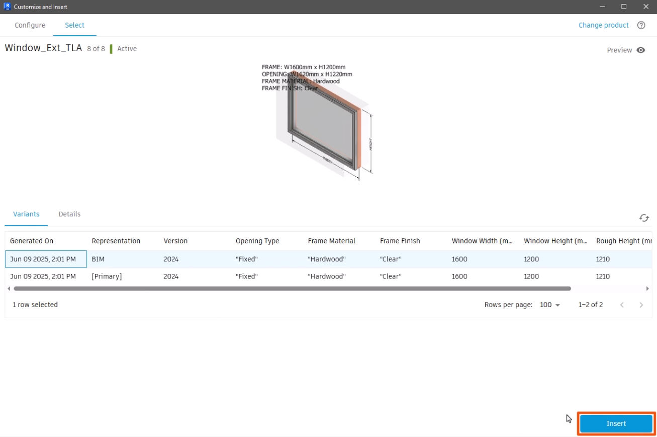 In the Customize and Insert dialog box, Select tab, the BIM representation selected and the Insert button highlighted in red.