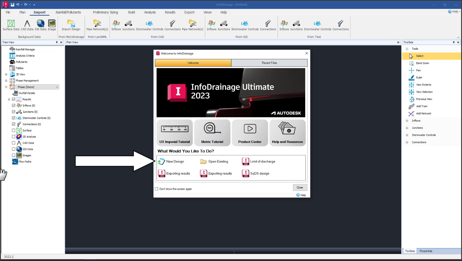 The InfoDrainage interface with New Design command called out.