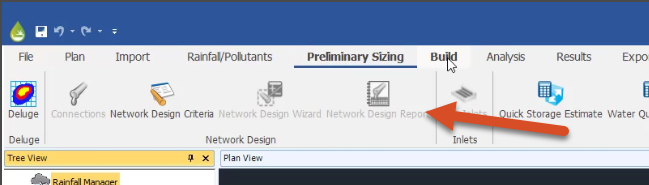 The InfoDrainage ribbon, Network Design panel with only a few tools available.