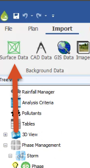 A closeup of the InfoDrainage ribbon, Background Data panel with Surface Data called out.