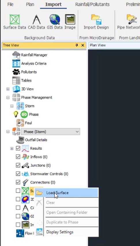 The Tree View with Load Surface shortcut menu displayed.