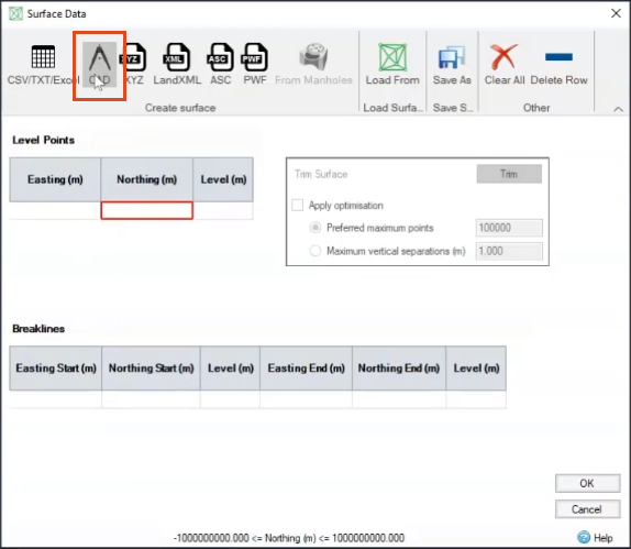 The Surface Data dialog box with the CAD import command called out.