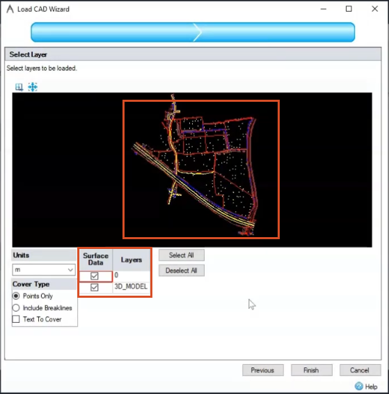 The Load CAD Wizard, Select Layer page, showing the preview of the model and the number of layers in the Surface Data Layers table.