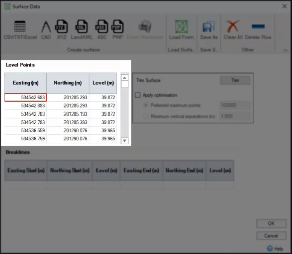 The Surface Data dialog box with the Level Points now showing in the table after the surface has been imported.