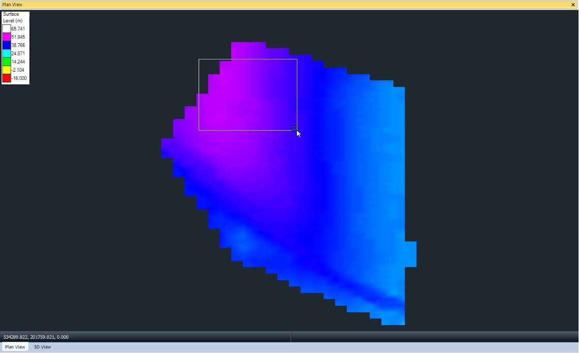 The Plan View with a selection window drawn over an area