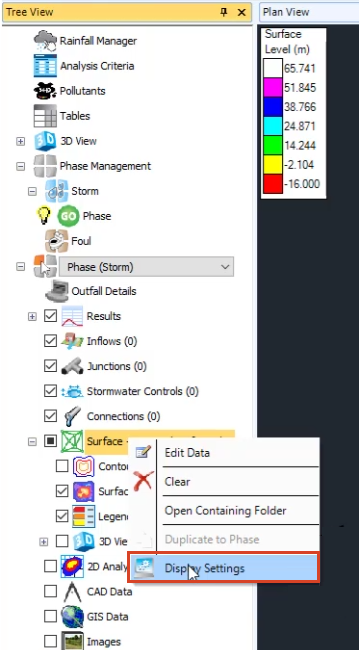 The Tree View with the Surface menu displayed, and Display Settings selected.