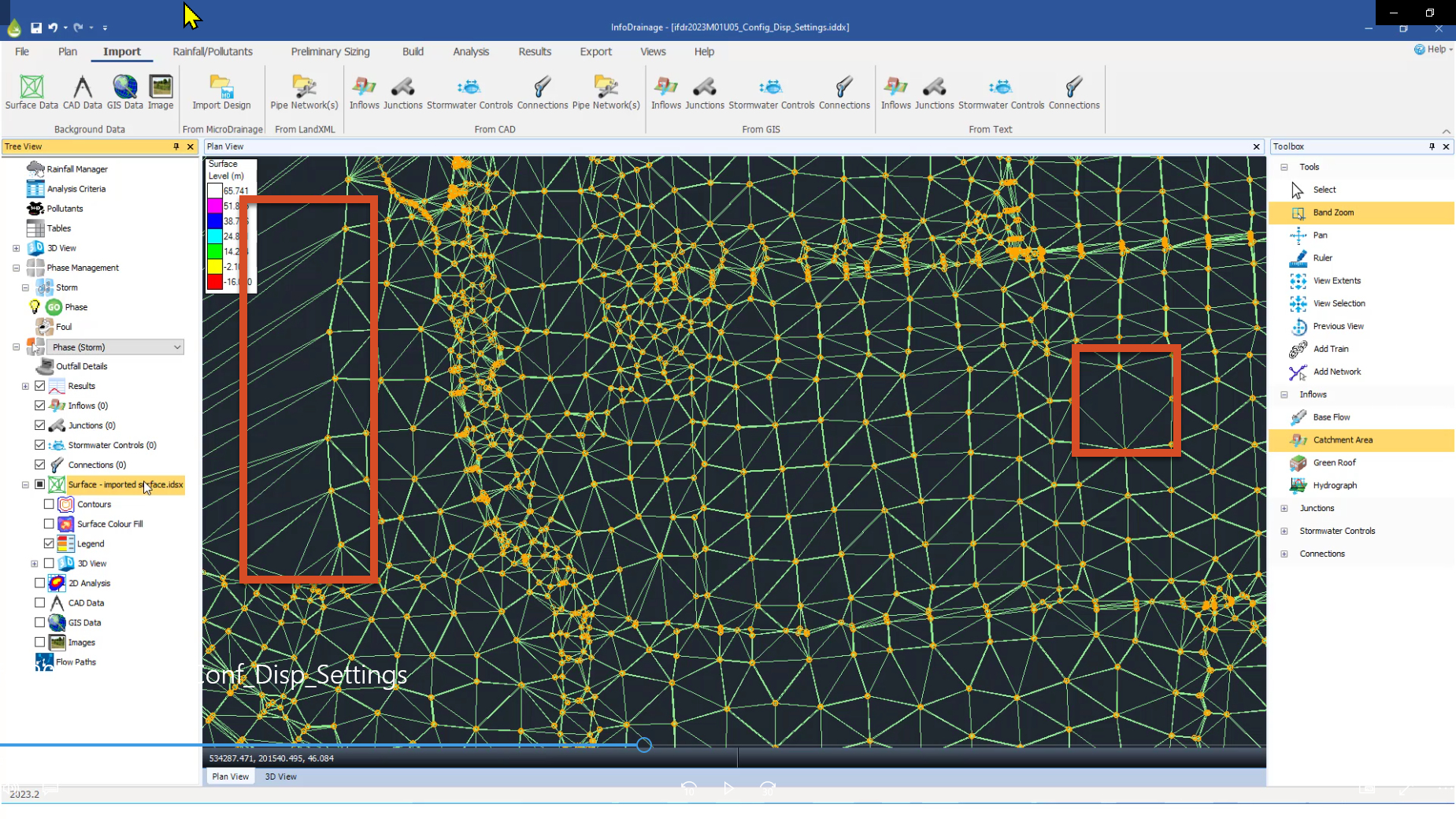 The Plan View with areas of the surface called out to indicate less accuracy