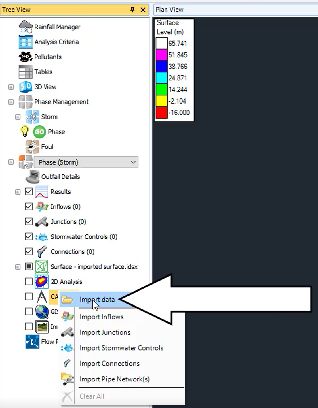 The Tree View with Import Data selected and the submenu showing the import options.