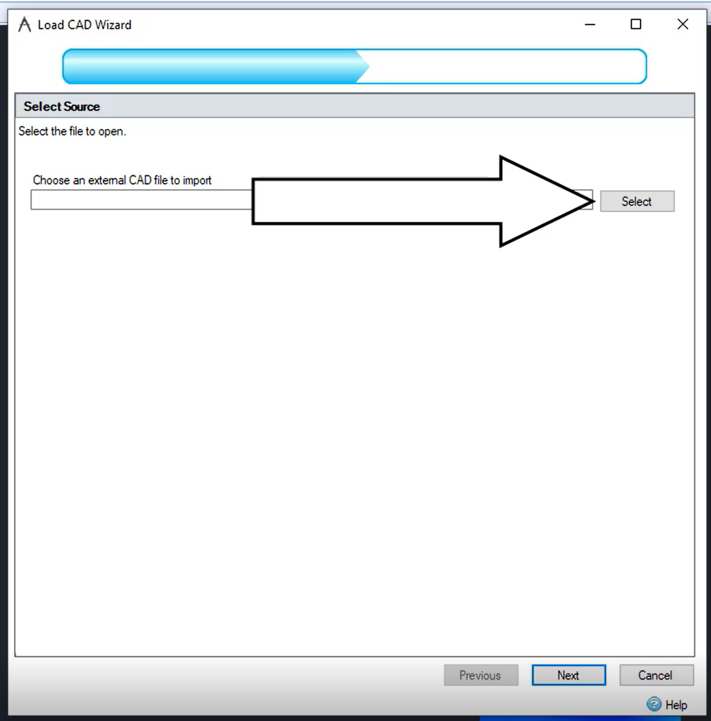 The Load CAD Wizard, with Select called out to browse for the file to import.