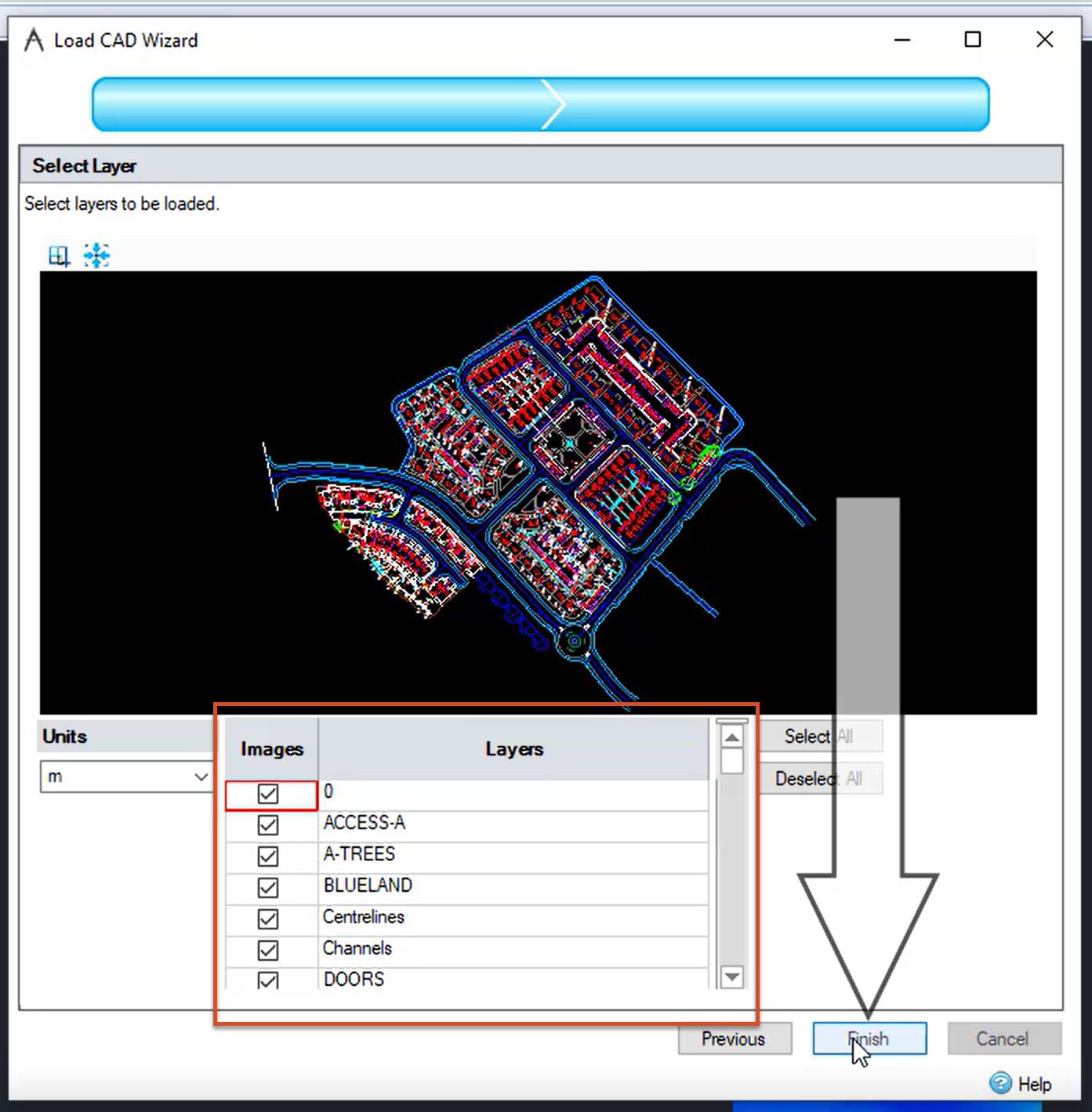 The Load CAD Wizard with the units confirmed, layers configured, and Finish being selected.