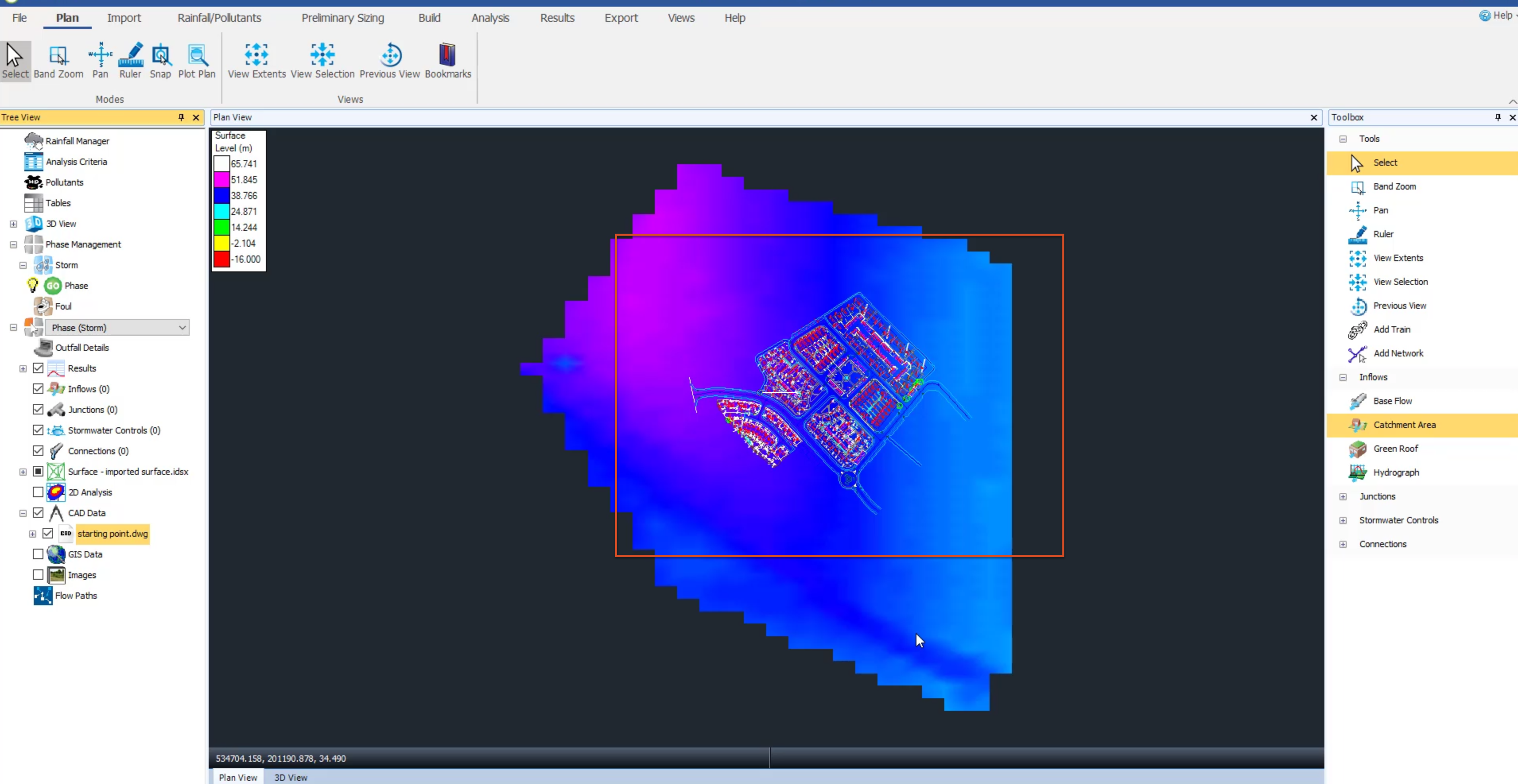 The Plan view with CAD data displayed on the surface data.