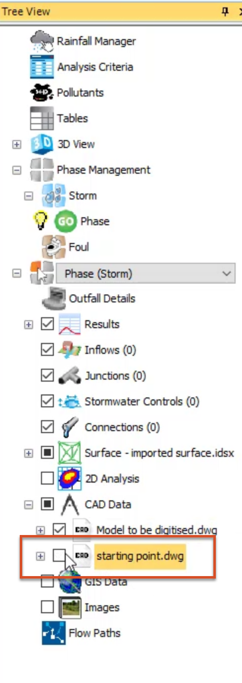 The Tree View with the visibility of the file starting point.dwg toggled OFF.