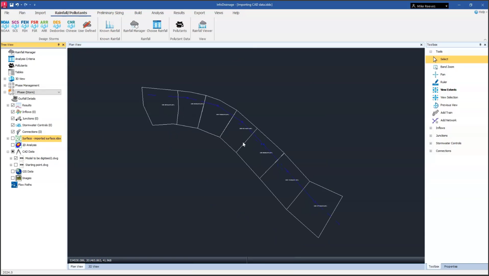 The InfoDrainage interface, with the model imported and the Plan View zoomed in to show only the area of interest.