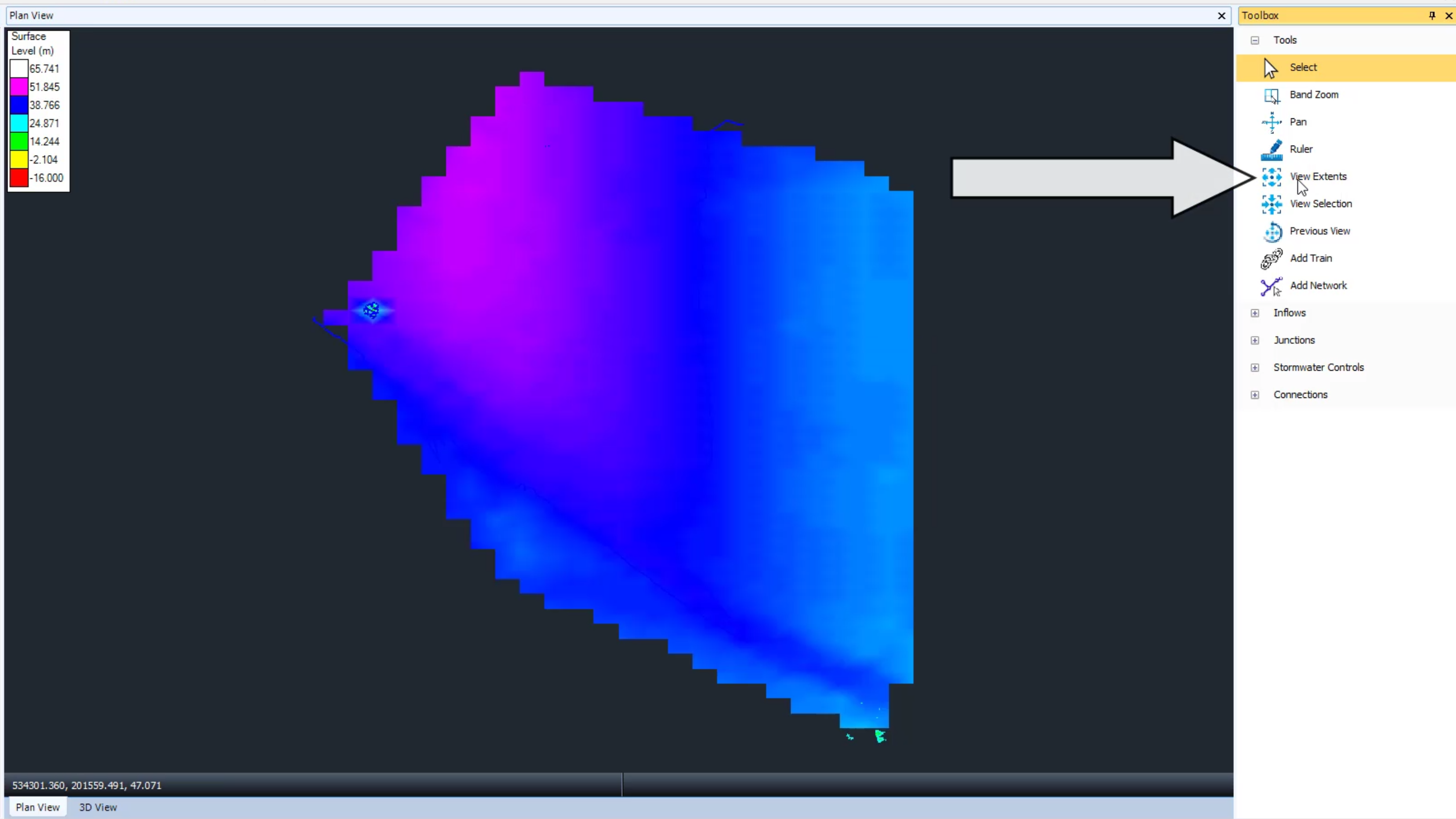 The model with View Extents in the Toolbox called out