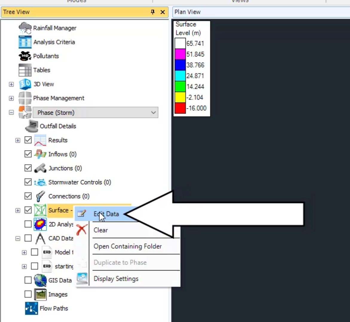 The Tree View with the Surface node menu displayed, and Edit Data selected.