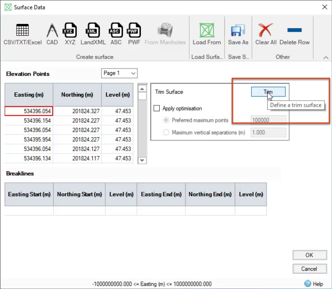 The Surface Data dialog box with the Trim button selected and the tooltip, “Define a trim surface” displayed.