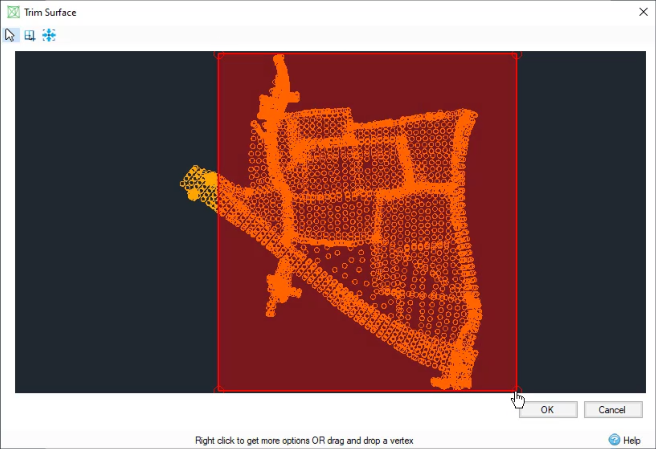 The Trim Surface dialog box with the desired area to be kept selected.