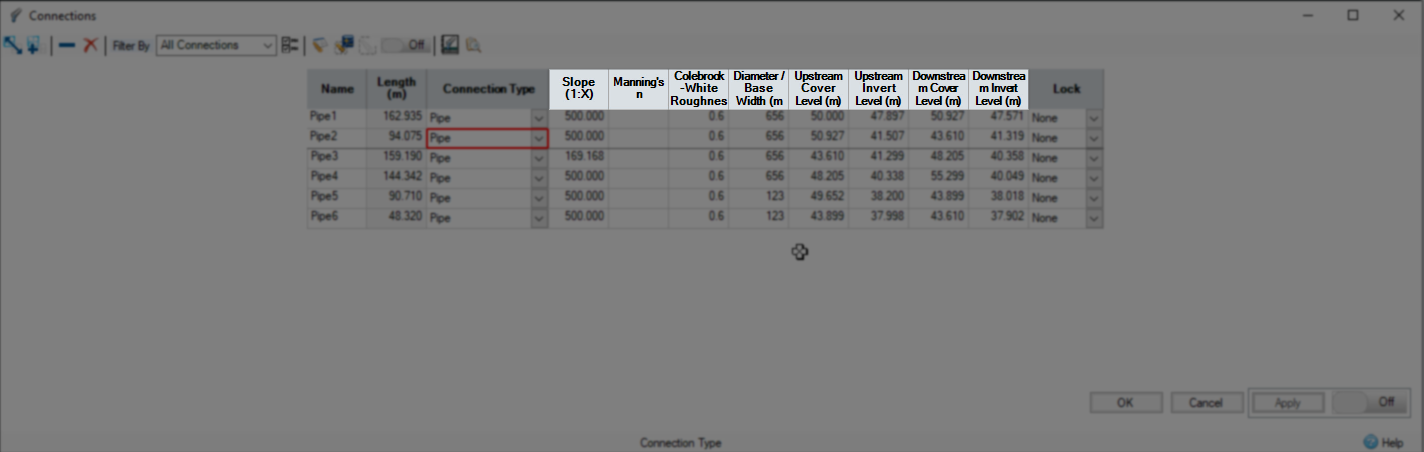 The Connections dialog box, with the column headers highlighted to show the units.