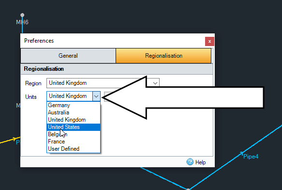 The Preferences dialog with the Units drop-down expanded and United States selected.