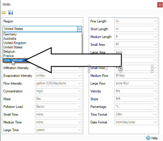 The Units dialog with the Region drop-down expanded and User Defined selected.