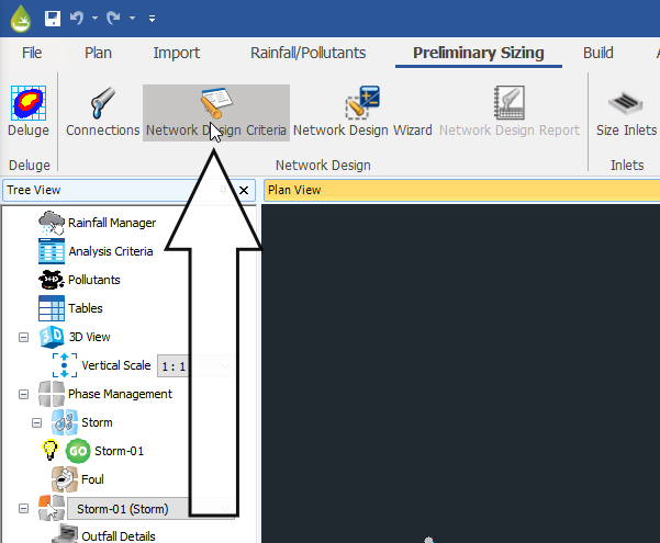 The Preliminary Sizing tab with the Network Design Criteria command selected