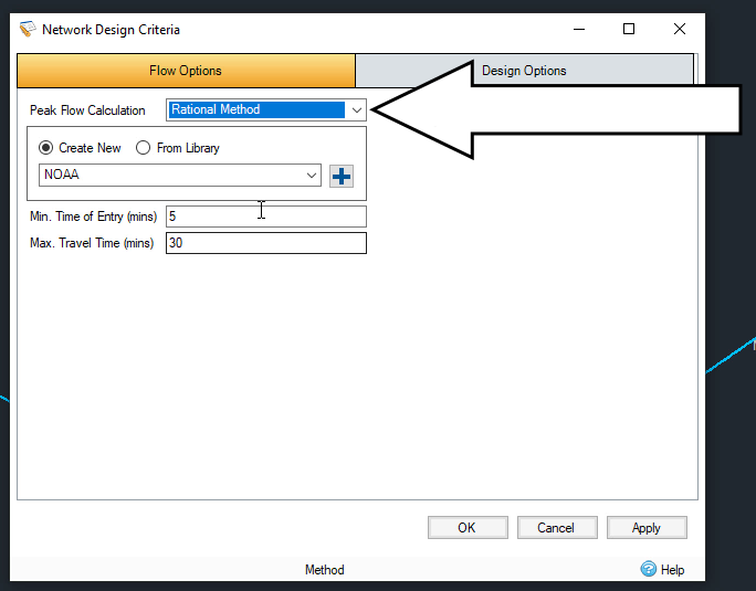 The Network Design Criteria dialog with the Peak Flow Calculation set