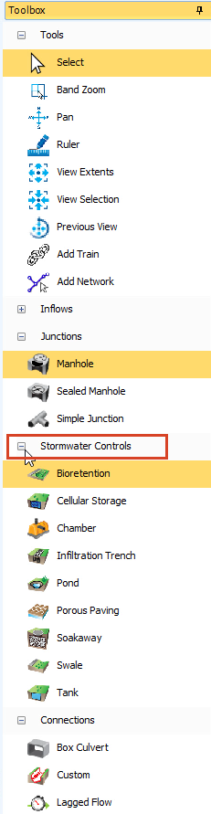 The Toolbox with Stormwater Controls selected.