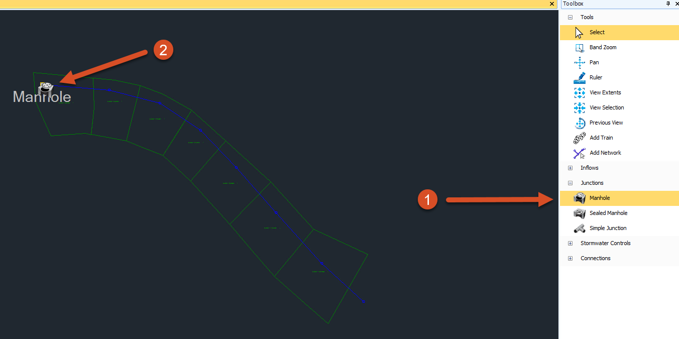 The Plan view and the Toolbox with manholes being placed in the plan and called out.