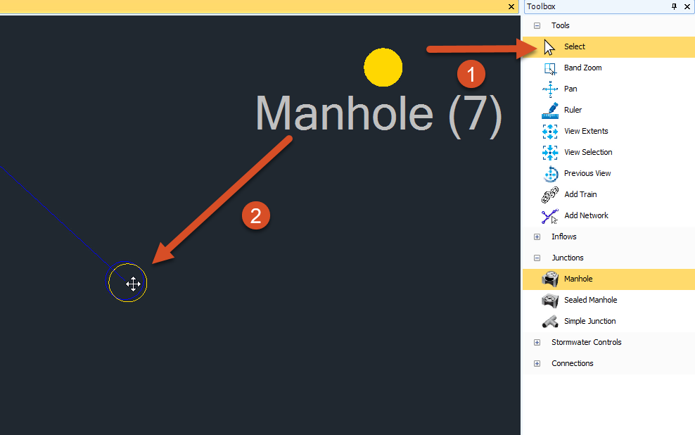 The Plan View and Toolbox with the Select tool called out and a manhole selected.