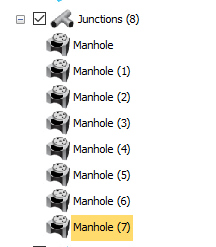 The Tree View showing the Junctions node expanded and the manholes listed underneath.