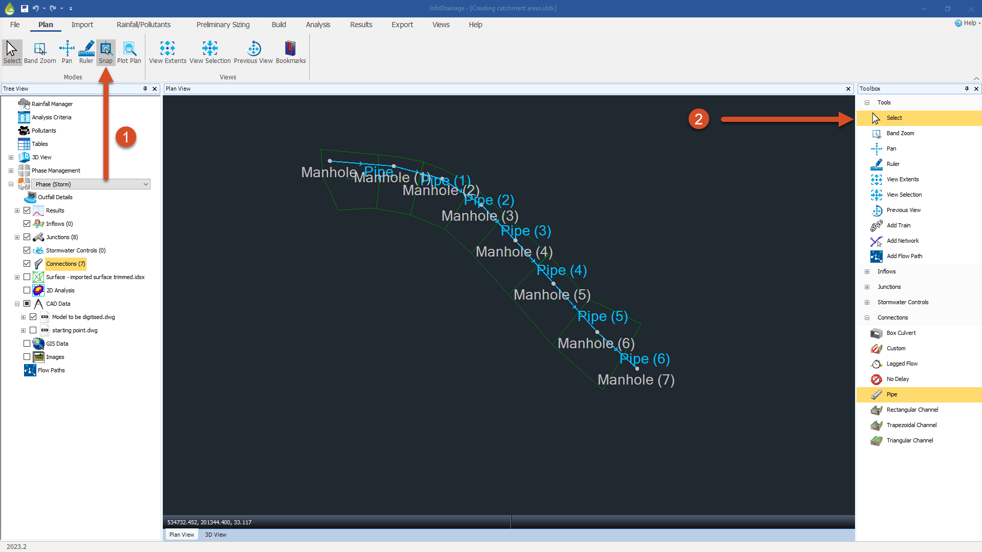 The InfoDrainage interface with the Snap tool called out in the ribbon and the Select tool highlighted in the Toolbox.