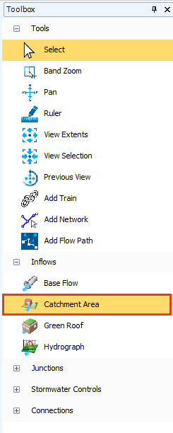 The Toolbox with Inflows expanded, and Catchment Area selected.