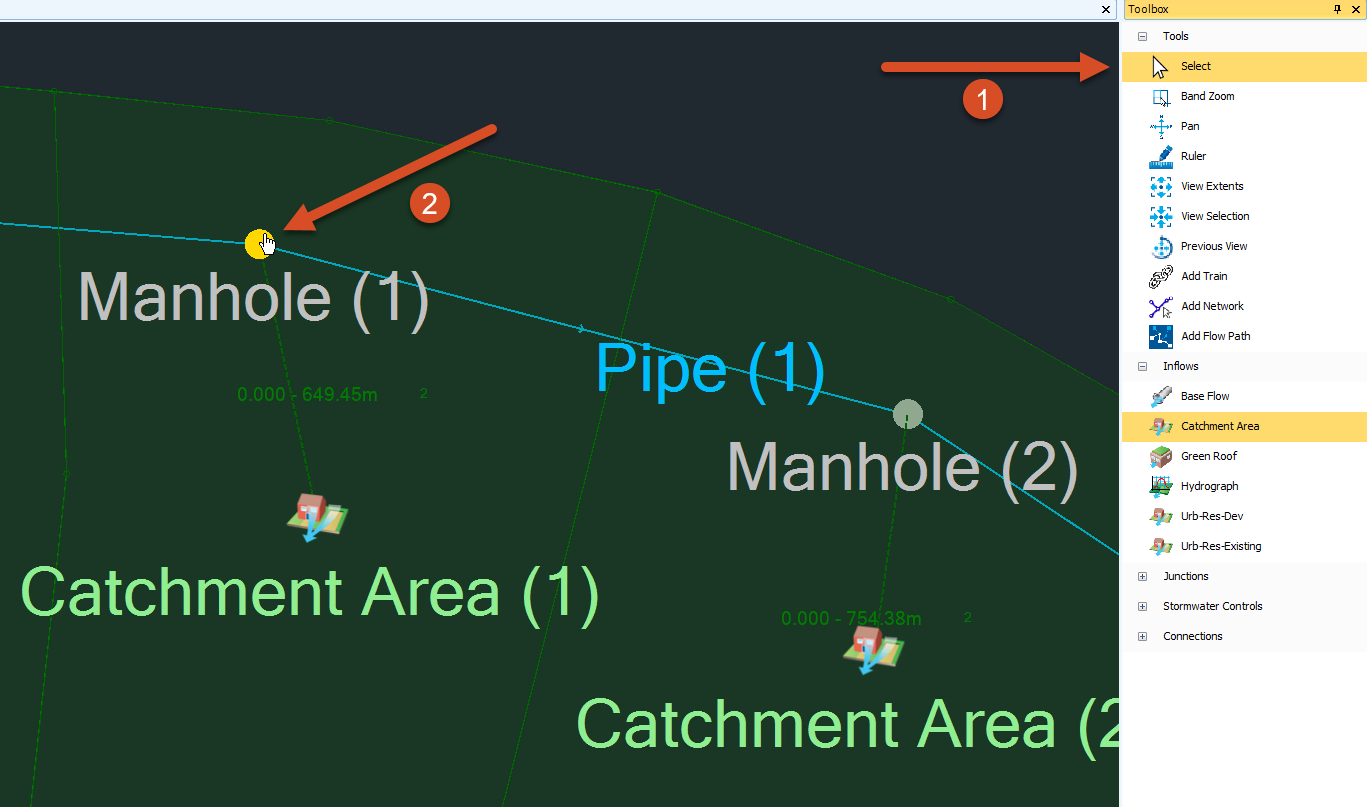 The Toolbox with Select highlighted and the Plan view with Manhole (1) selected.