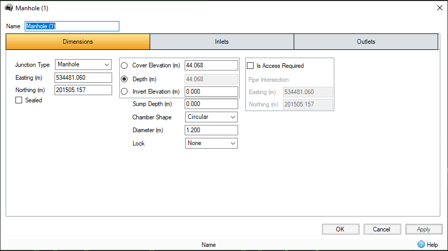 The Manhole (1) dialog box, Dimensions tab.